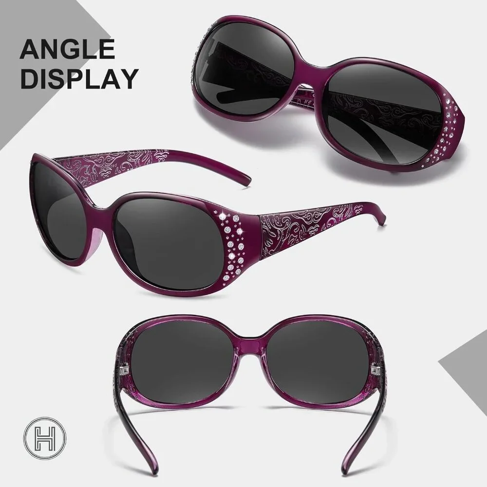 Womens Polarized Purple Frame Eyes Protection Sunglasses Rhinestone Around Wrap